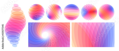 Fototapeta Naklejka Na Ścianę i Meble -  Set of various overlapping elements. Sphere. Wavy background with dynamic effect. Rotation and swirling movement. Modern screen design for mobile app and web. 3d vector illustration.