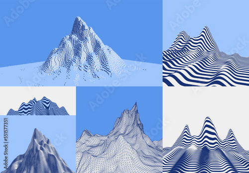 Rocks, mountains and hills. Mountain peak. Landscape background. Terrain. Cyberspace grid. Cover design template. 3D illustration for brochure, poster, presentation, flyer or banner.