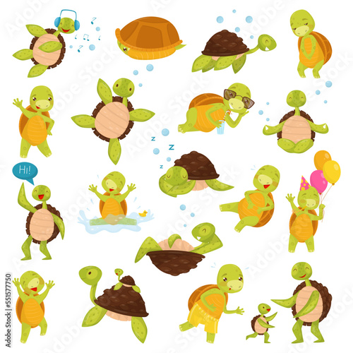 Happy Green Turtle with Cute Snout Engaged in Different Activity Big Vector Set