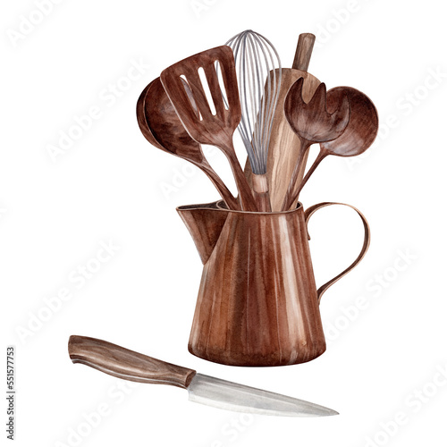 Kitchenware. Watercolor Set. Illustration for clipart. Designed for menus, culinary blogs, packaging, textiles, web design, sites, stickers, invitations, patterns, logos. Drawn by hand