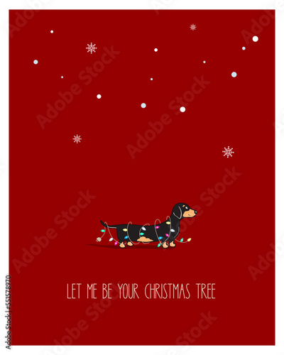 Cute Christmas card with dachshund dog. Celebrating holidays with pets. Funny greeting card template. Merry Christmas illustration.