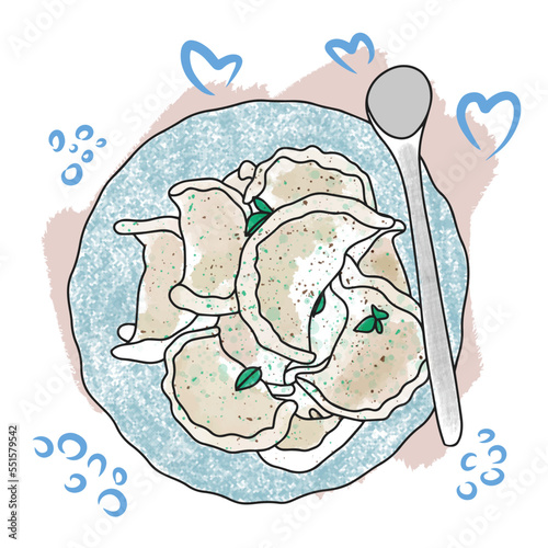 Delicious dumplings, european cuisine, doodle style, dinner