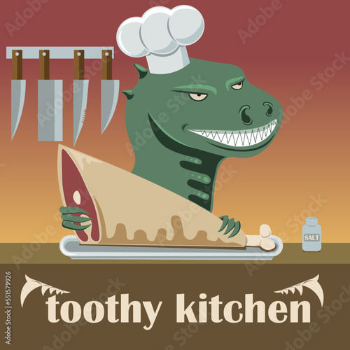 the dinosaur cook cooked a juicy knuckle in his kitchen