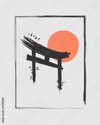 Chinese Brush Painting Traditional Arch Sun Vector Illustration