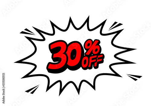 30 Percent OFF Discount on a Comics style bang shape background. Pop art comic discount promotion banners. PNG