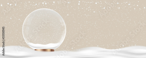Christmas ball with Snow on Cream wall Background,3D Winter Scene with Xmas Crystal decoration on Vanilla color with copy space,Vector Horizon Banner for Christmas or New Year with Colour Trends 2023