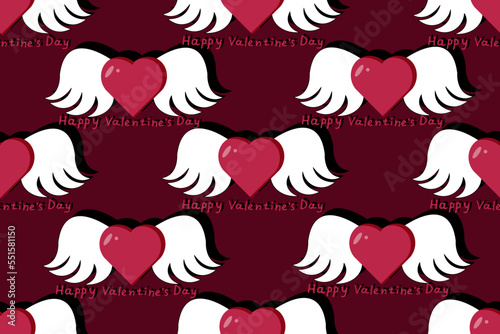 Viva magenta seamless pattern with flat hearts and inscription happy valentines day. Heart with white wings on pink background. Wrapping paper, website banner concept, marketing material 