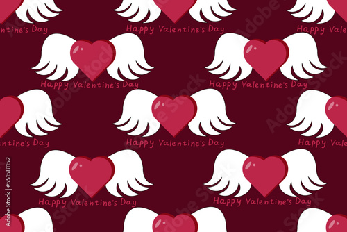 Viva magenta seamless pattern with flat hearts and inscription happy valentines day. Heart with white wings on pink background. Wrapping paper, website banner concept, marketing material 
