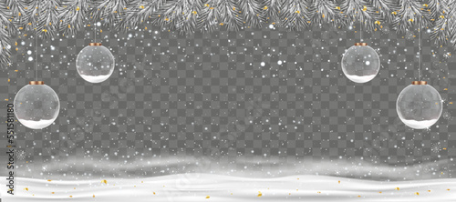 Winter Scene background with Christmas ball and Branches tree Border,Ornaments 3d Snow Globe Crystal hanging with Fir needles garland with snow,Christmas greeting card,New year banner, header, poster