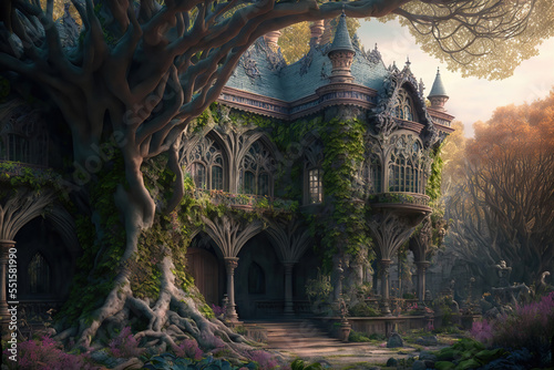 AI generated artwork of a large elfish castle in the forest. Fairy-tale castle	