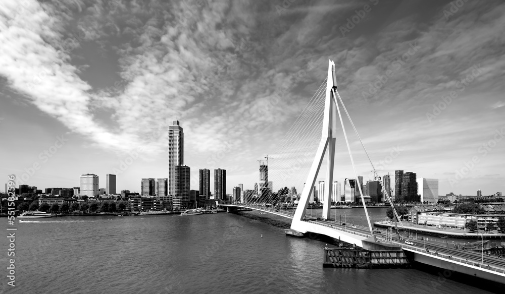 Rotterdam panorama with bridge over river Nieuwe Maas on a sunny blue sky day in South Holland Netherlands. Skyline with modern sky scrapers, ships and vessels. Biggest sea port in Europe.