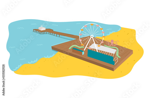 beach pier and amusement park. Sandy beach with inflatable water slides and playground and skating park.