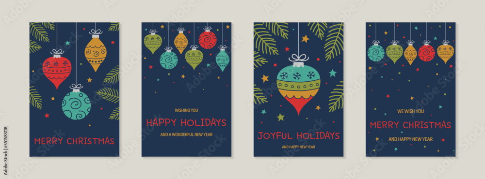 Colourful Christmas balls. Collection of a greeting cards. Vector illustration