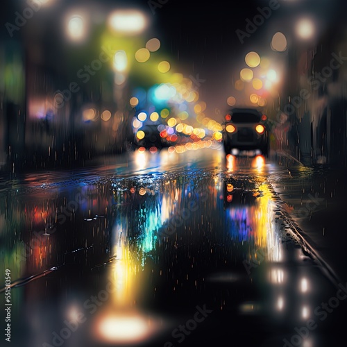 Defocused background of lights and reflections on a road. 