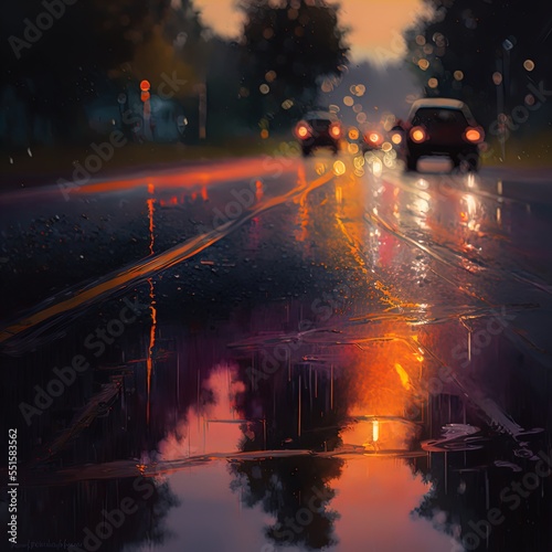 Defocused background of lights and reflections on a road. 