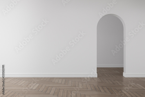 Empty white arch wall with white skirting board on wooden floor. 3d rendering of interior living room