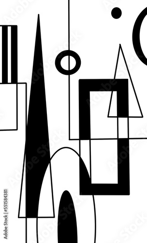black and white graphic geometric print pattern, triangles, lines and round shapes. abstract illustration, vertical size. template for design