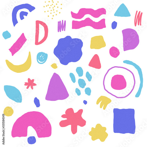 abstract hand drawn pattern with a set of objects in bright colors. Spots, lines and dots. print for textile or cover.
