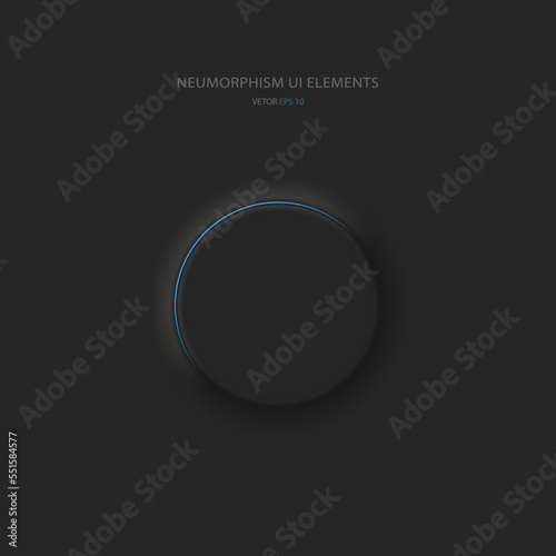 Round black button in Neumorphic style with blue backlight. User interface design elements. Vector illustration.