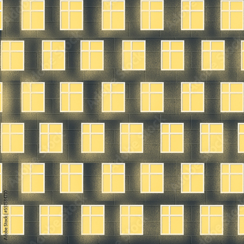 windows on brown brick house wall. seamless background illustration with yellow windows glowing in a dark, night architecture city scene.