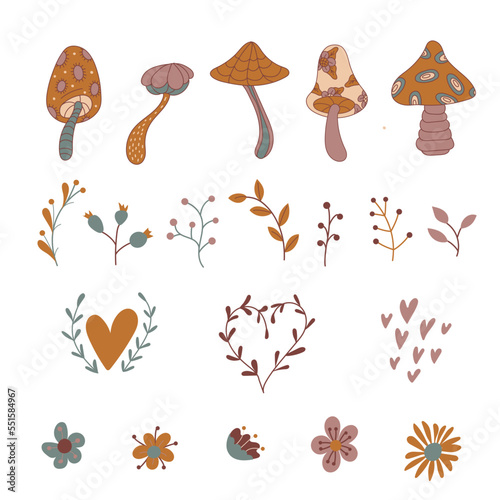 pastel color mushrooms, flowers, twigs, heart cute vector set. Abstract mushrooms, heart-shaped branches, flowers on a white background.