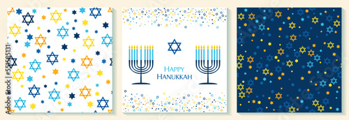 Happy Hanukkah card with nine-branched candelabrum Hanukkah menorah and Star of David Jewish symbol.
