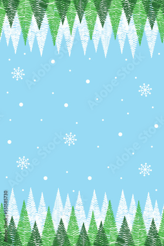 Hand drawn Christmas trees. Winter background with copyspace. Vector illustration