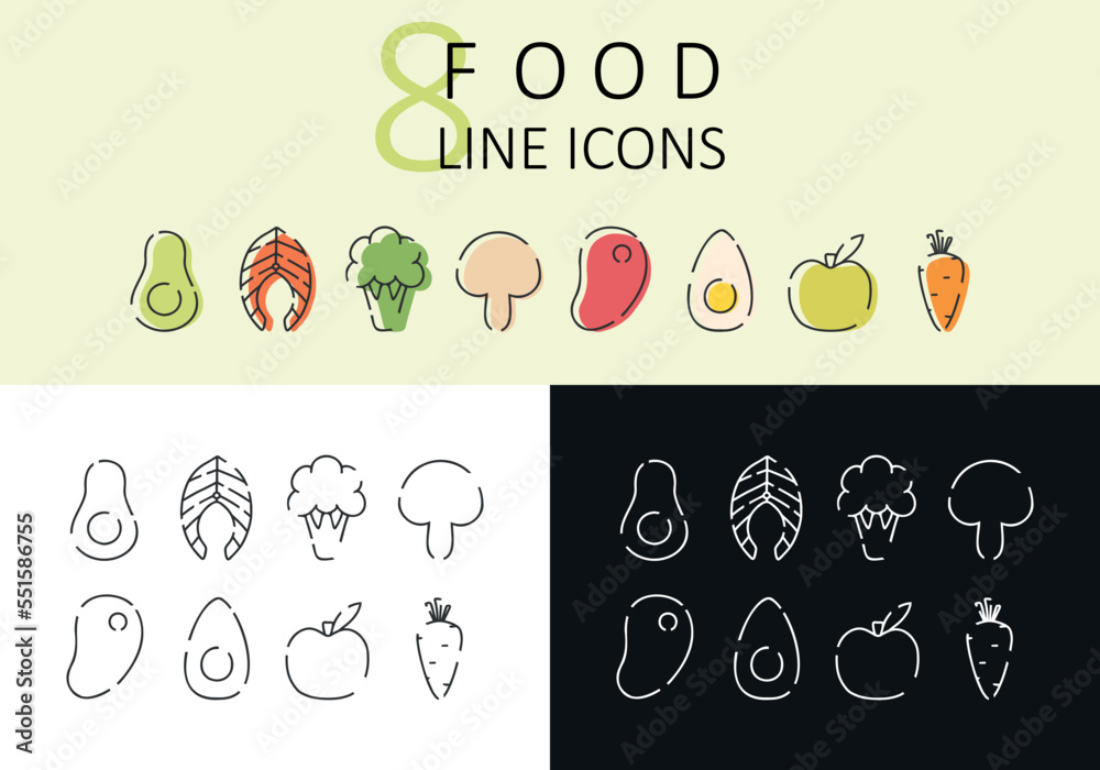 Set of linear icons of healthy food. Modern icons of proper nutrition ...