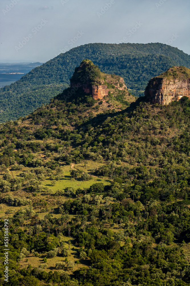 Panoramic view of Mount Three Stones from the Indian stone in the region of the cities of Botucatu, Bofete and Pardinho. Interior of the state of São Paulo. Brazil.