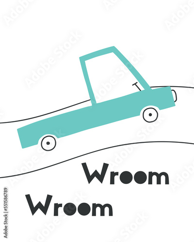 Kids poster with a truck. Cute poster for a childrens room with a car and a road. Vector illustration. Doodle style. Scandinavian style.