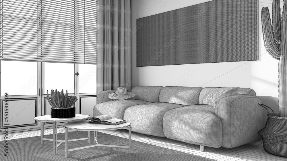 ภาพประกอบสต็อก Blueprint unfinished project draft, modern wooden living