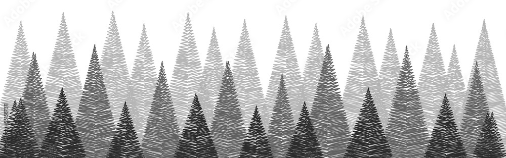 Fototapeta premium Christmas trees - transparent background. Panoramic banner. PNG illustration