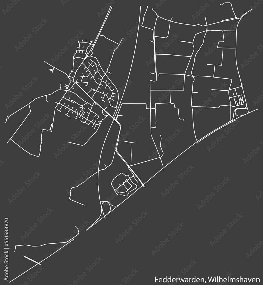Detailed negative navigation white lines urban street roads map of the FEDDERWARDEN DISTRICT of the German town of WILHELMSHAVEN, Germany on dark gray background