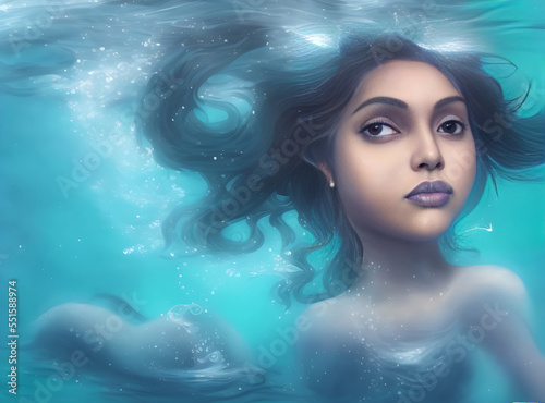 Portrait of the Goddess of the Ocean Underwater (Subcontinental Indian ethnicity). Fae, mermaid, genie, water spirit. Digital artwork. 