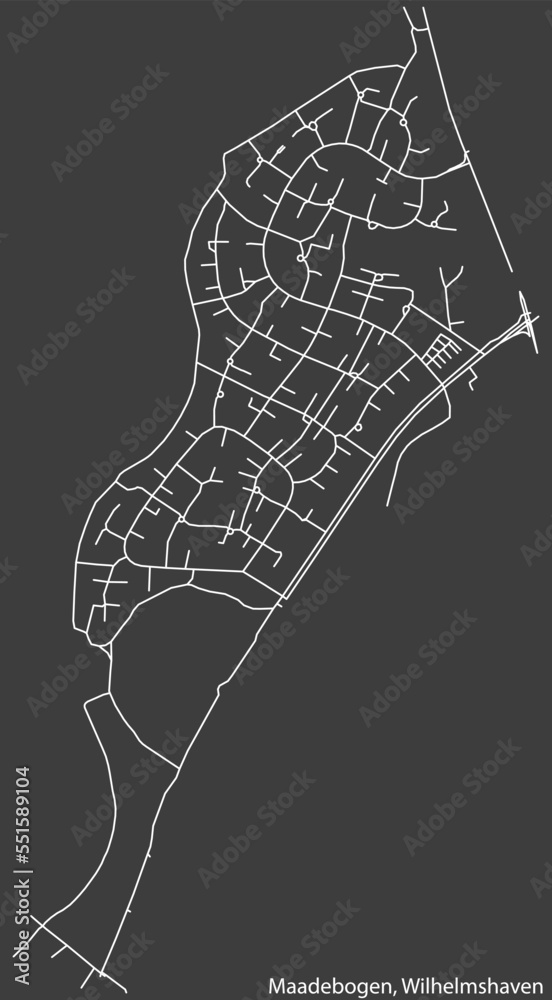 Detailed negative navigation white lines urban street roads map of the MAADEBOGEN DISTRICT of the German town of WILHELMSHAVEN, Germany on dark gray background