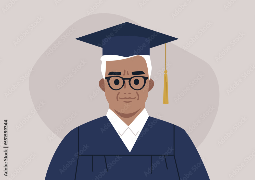A graduation ceremony, a portrait of a senior male Caucasian student wearing a gown and a cap