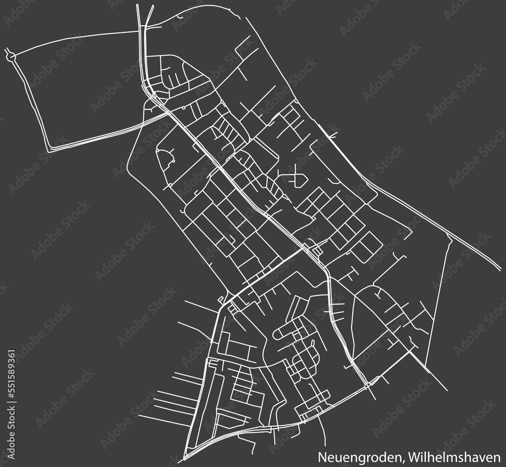 Detailed negative navigation white lines urban street roads map of the NEUENGRODEN DISTRICT of the German town of WILHELMSHAVEN, Germany on dark gray background