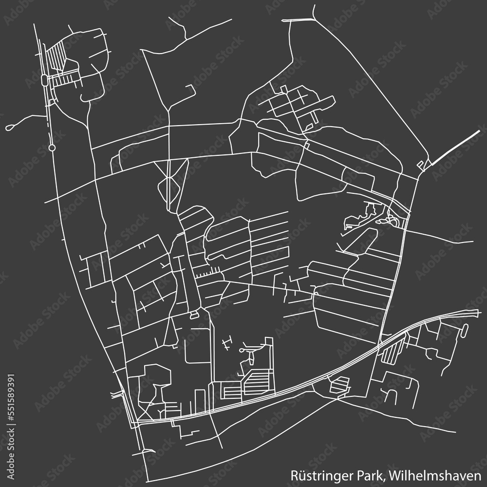 Detailed negative navigation white lines urban street roads map of the RÜSTRINGER STADTPARK DISTRICT of the German town of WILHELMSHAVEN, Germany on dark gray background