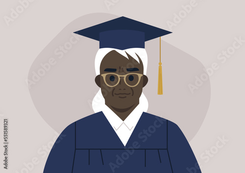 A graduation ceremony, a portrait of a senior female African student wearing a gown and a cap