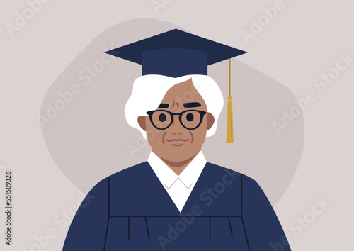 A graduation ceremony, a portrait of a senior female Caucasian student wearing a gown and a cap