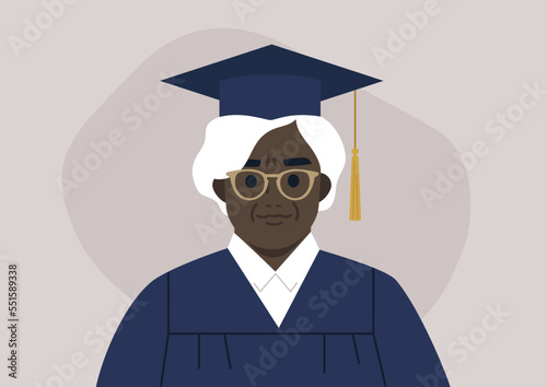 A graduation ceremony, a portrait of a senior female African student wearing a gown and a cap
