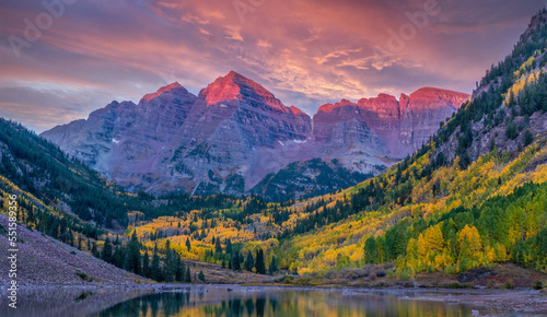 Autumn sunrise colors at Maroon Bells Scenic Area - near Aspen, Colorado photo