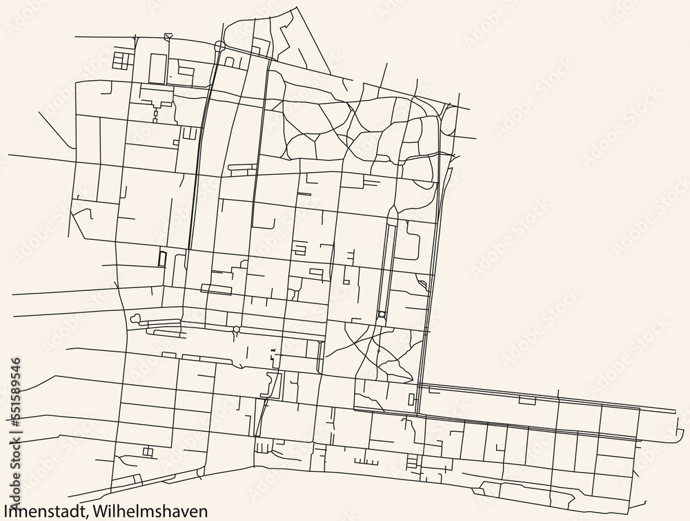 Fototapeta premium Detailed navigation black lines urban street roads map of the INNENSTADT DISTRICT of the German town of WILHELMSHAVEN, Germany on vintage beige background