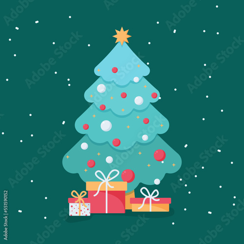 Christmas tree with gift boxes and snow isolated on background. Flat vector illustration. Festive art for winter holidays. Xmas tree decorated star and balls. Simple cute new year cartoon