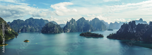 Real aerial photo of beautiful Khao Sok in Thailand. Scenic mountains on the lake in National Park, Drone shot, top view, photo