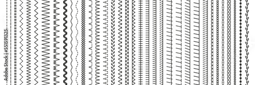 Set of seamless thread sew brushes. Machine embroidery stitches. Overlock fabric elements. Sewing seams. Vector. Outline border isolated on white background. Simple graphic illustration.