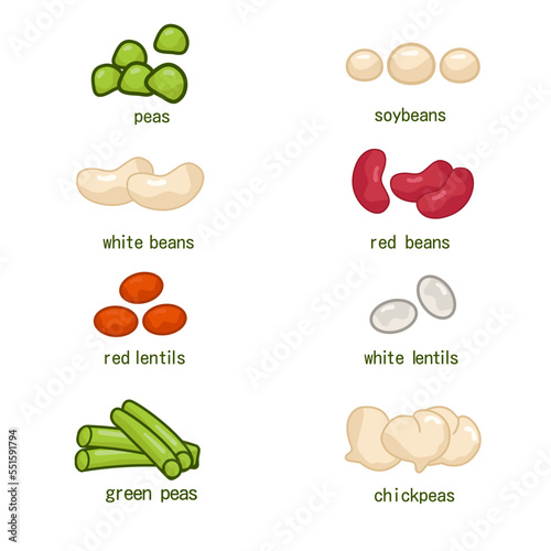 A set of legumes. Peas soybeans beans lentils lentils chickpeas green beans