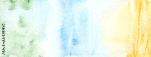 Watercolor landscape texture background. Blue, green, yellow abstract landscape gradient. Sky batik graphic. Fall color painting. Design illustration brush stroke. Aquarelle art backdrop banner