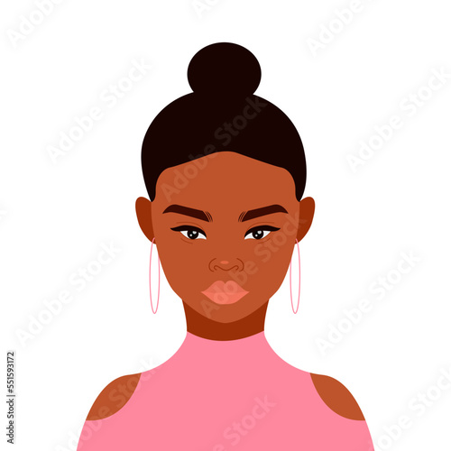  Face black woman asian isolated on white. Portrait of beautiful african girl. Avatar for a social network. Vector flat illustration.