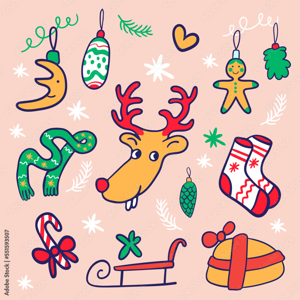 Naklejka premium christmas set of cartoon elements in flat style vector